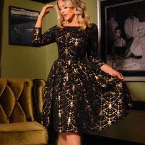 Pinup Girl Clothing Sabrina Swing Dress in Gold Foil Skull Lace, XS